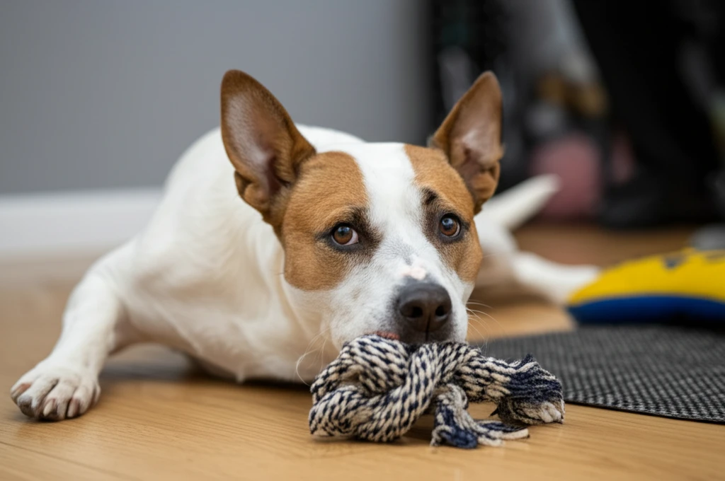 Un chien se concentrant sur son jouet à mordiller